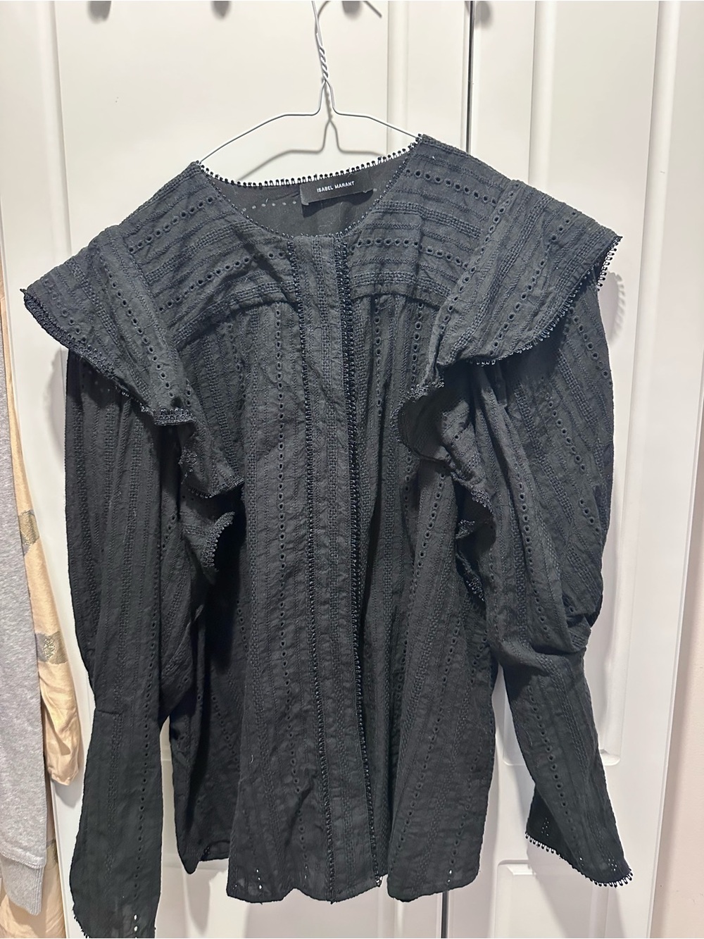 Isabel Marant Black Eyelet Ruffle Long-Sleeve Dress Shirt (western/boho/quality)